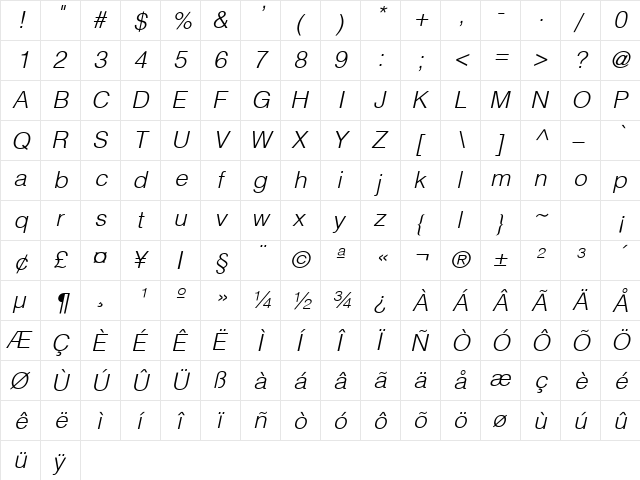Switzerland Light Italic  glyph index