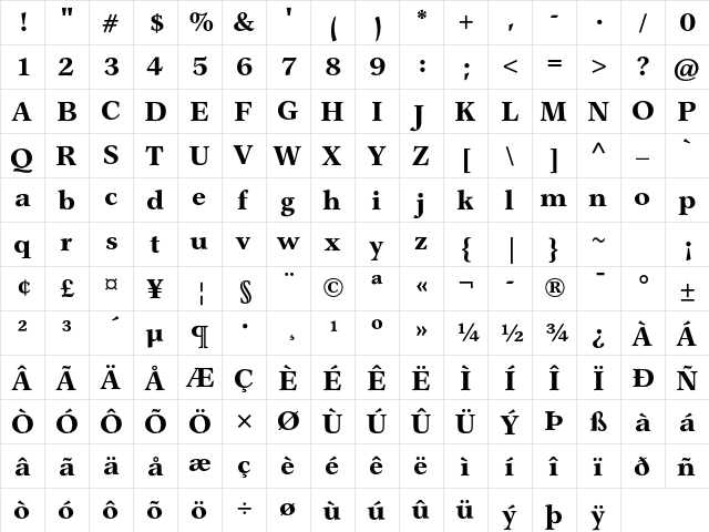 Garth Graphic Std Extra Bold  glyph index