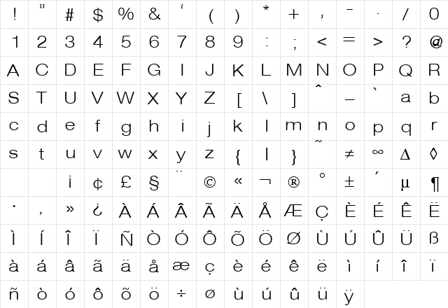 HegelExtendedExtraLight Regular  glyph index
