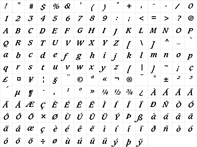Caxton Bold Italic  glyph index