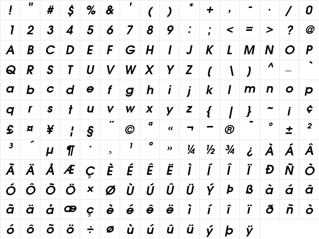 ITCAvantGardeGothic-Demi DemiItalic  glyph index