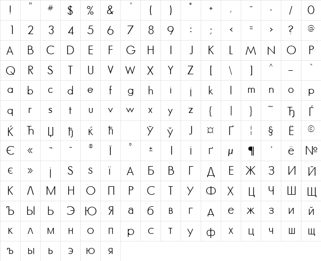 GlasnostLight Regular  glyph index