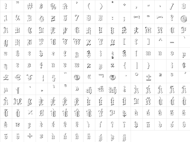 Blackletter Shadow Regular  glyph index