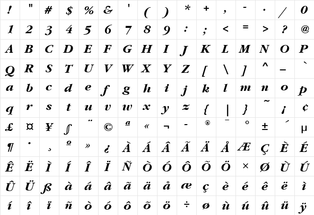 GaramondLitITC Bold Italic  glyph index