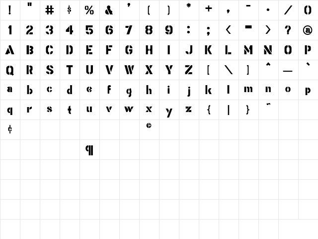 Stencil Gothic Bold JL Regular  glyph index