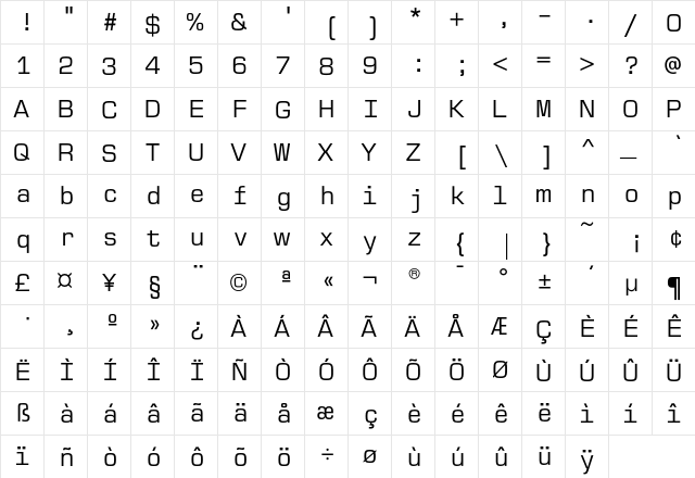 EurostileMonoEF Regular  glyph index
