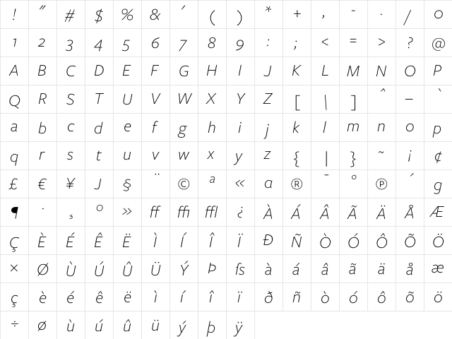 Freight Sans Light Italic  glyph index