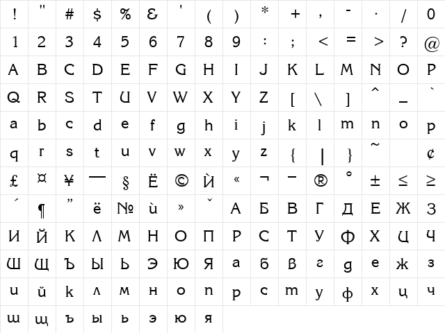 Karina Regular  glyph index