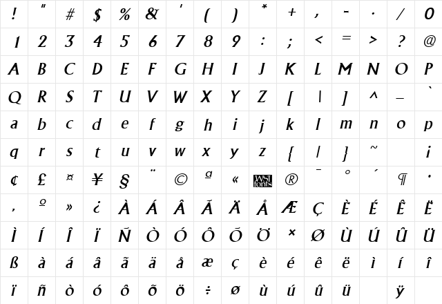 Alberta Italic  glyph index