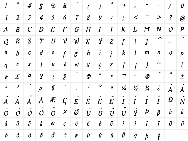 Freedom 9 Thin BoldItalic  glyph index