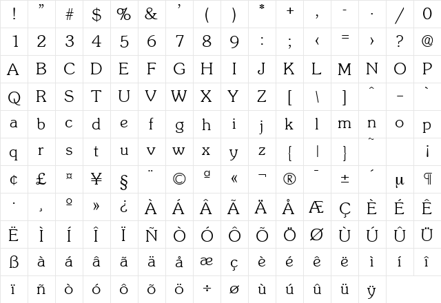 Sunset-Serial-ExtraLight Regular  glyph index
