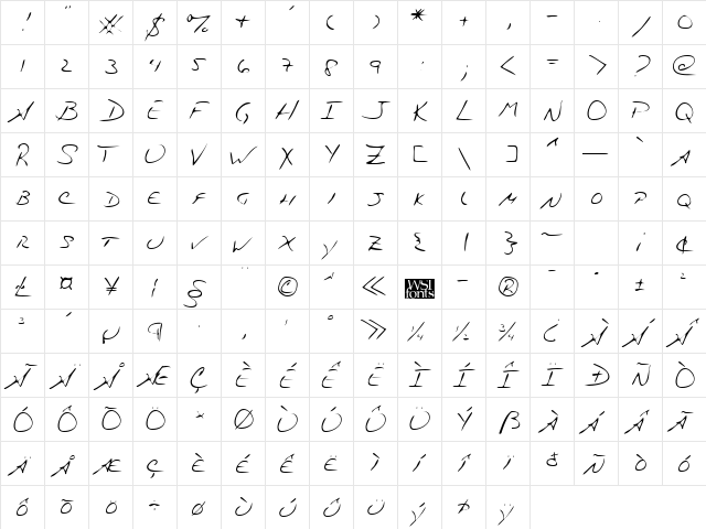 ZacksHand Regular  glyph index