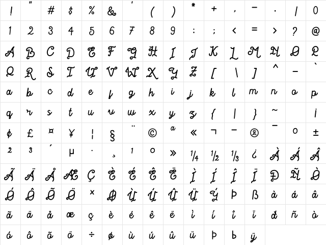 Romantica Story Free For Person Regular  glyph index