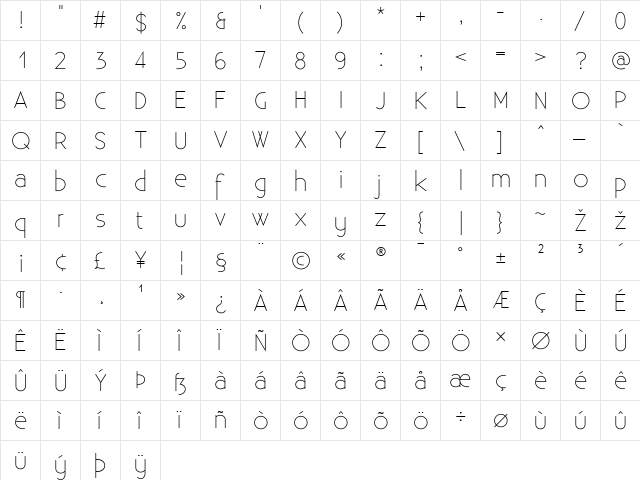 Existence Light Regular  glyph index