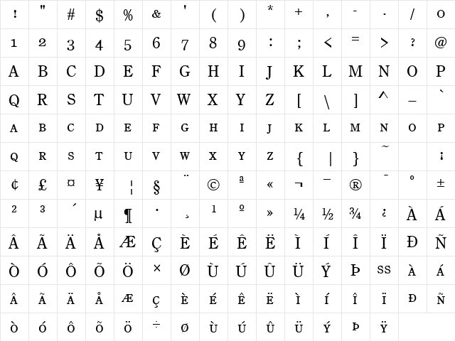 CenturyOldStyleSmc Regular  glyph index