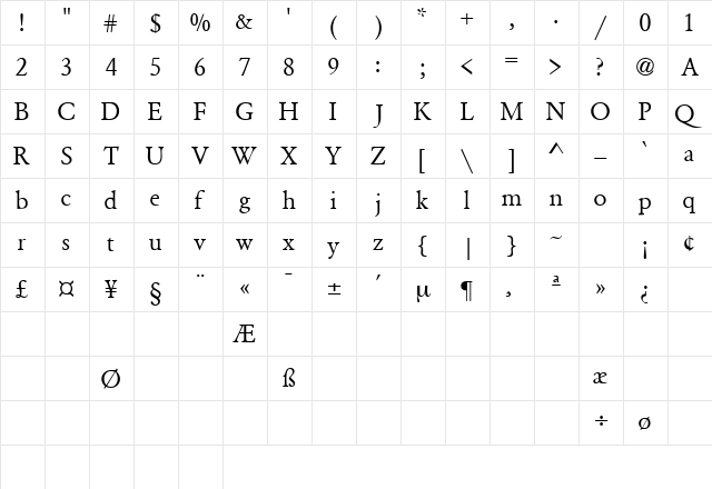 GaramondSemiExpandedSSK Bold Italic  glyph index