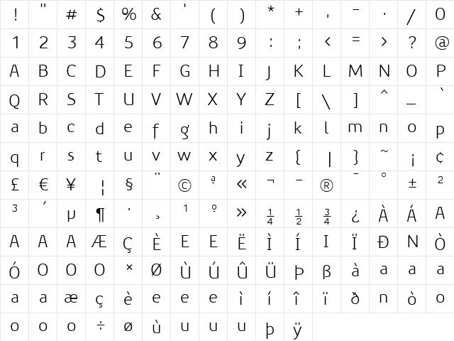PreciousSans Regular  glyph index