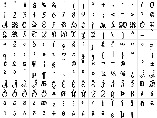 Dancer Regular  glyph index