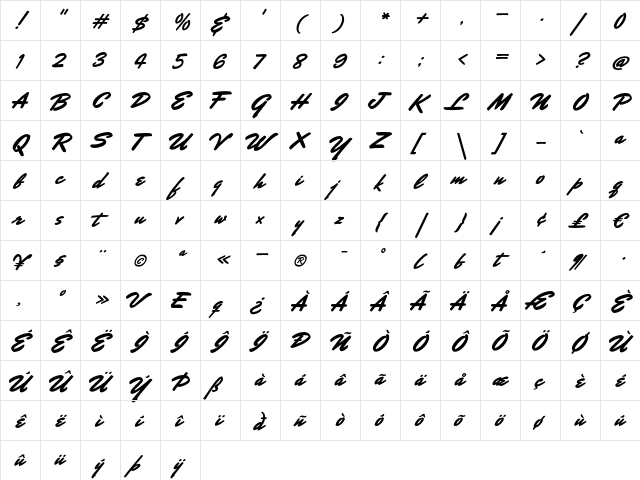 Mr Stalwart Regular  glyph index