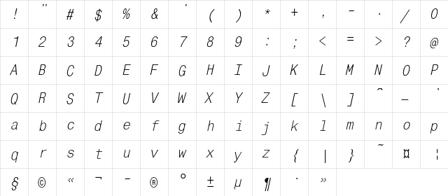 MonoCondensedC Italic  glyph index