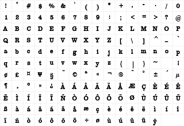 Clare Thin Bold  glyph index