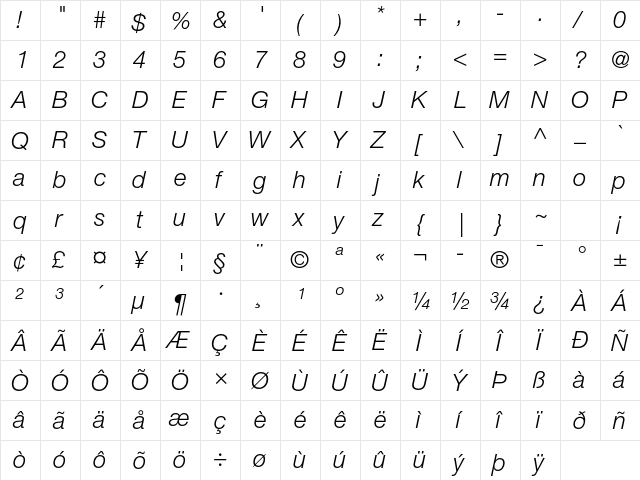Helvetica Neue LT Std 46 Light Italic  glyph index