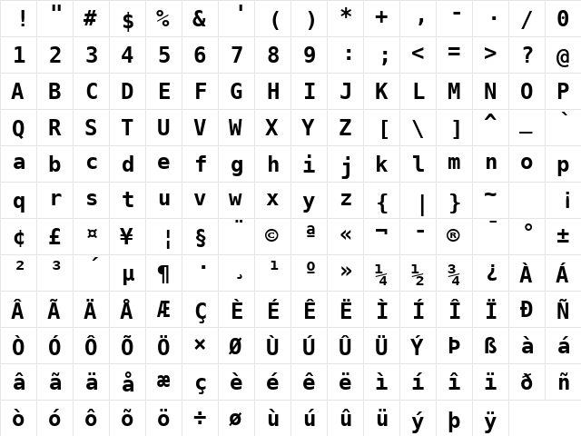 DejaVu Sans Mono Bold  glyph index