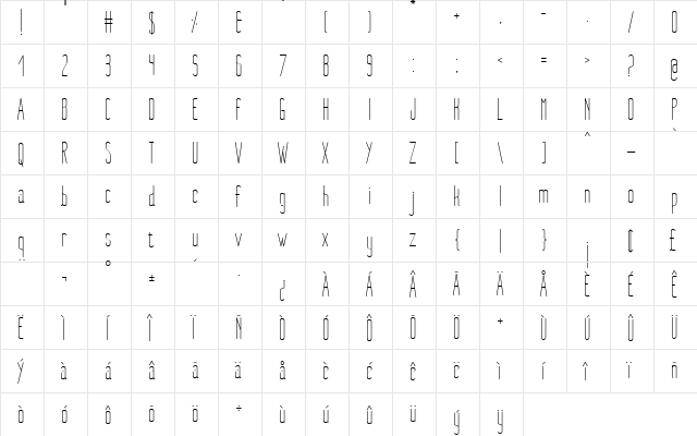 Nue Light Regular  glyph index