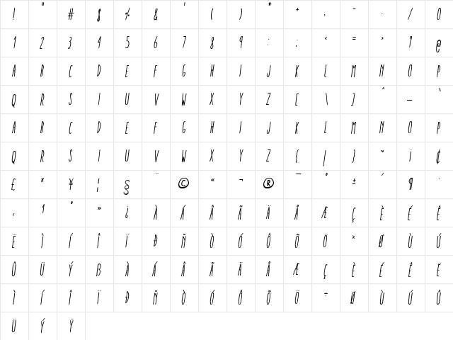 Aracne Ultra Condensed Regular Italic Ultra-condensed Regular Italic  glyph index