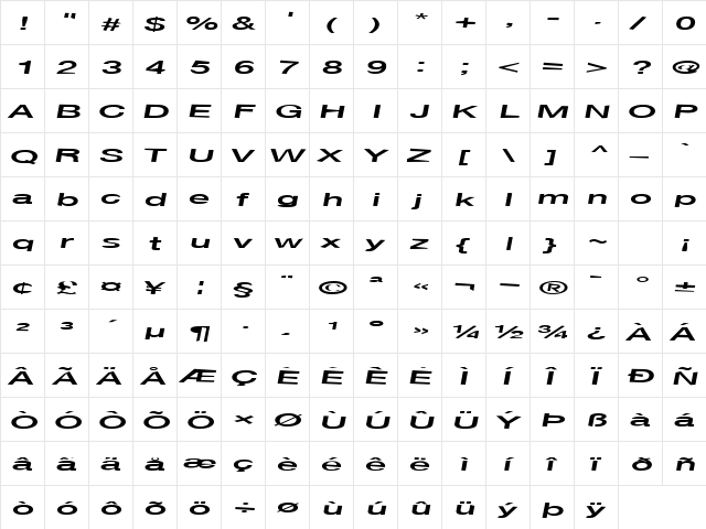 FontChordNew62 Regular  glyph index