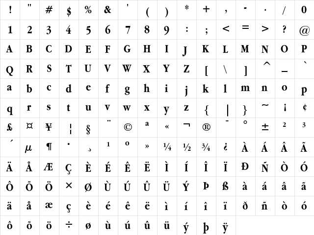 ITC Garamond Bold Narrow  glyph index