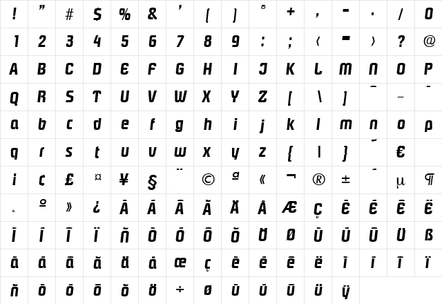 Pasadena-DemiBoldIta Regular  glyph index