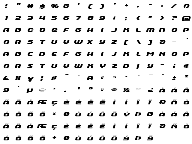 Annapolis Italic Italic  glyph index