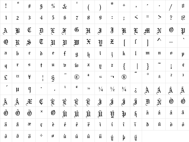 Olde English Regular  glyph index
