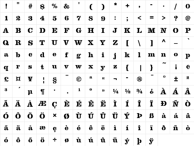 Clarendon D OT Stencil Extra Bold  glyph index