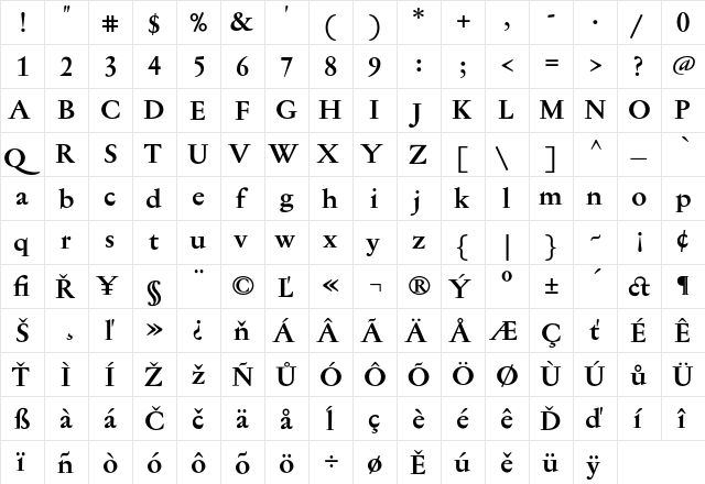 Jannon Text Bold  glyph index