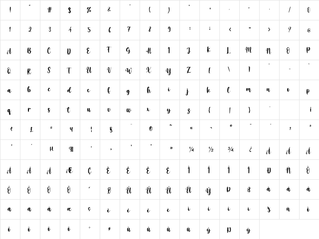 Queency Regular  glyph index