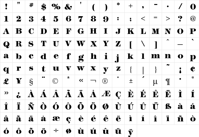 Modern Heavy  glyph index