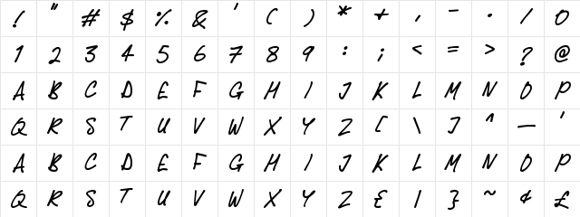 Delicious Scrawl Regular  glyph index