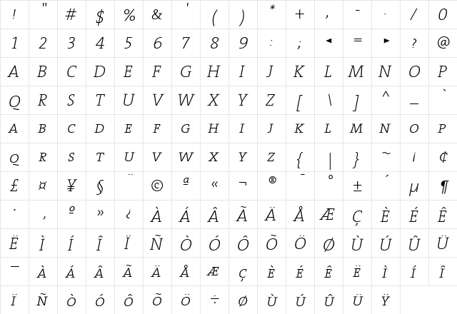 The Serif Extra Light- Regular  glyph index