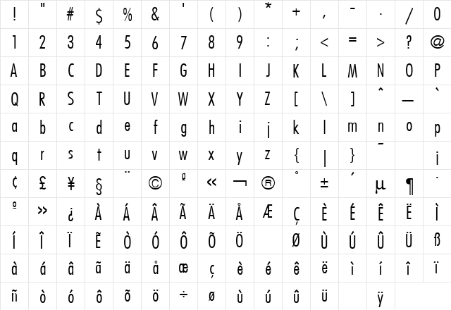 Futura Regular  glyph index