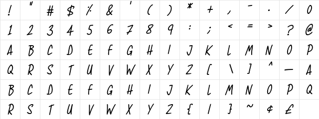 Super Sunrise Italic  glyph index