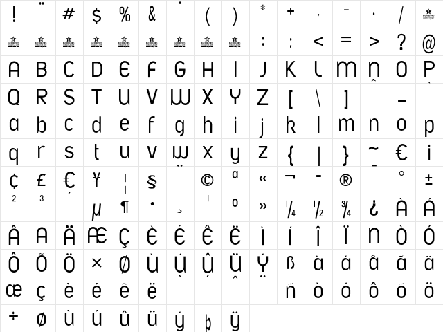 A font LIGHT PERSONAL USE Regular  glyph index