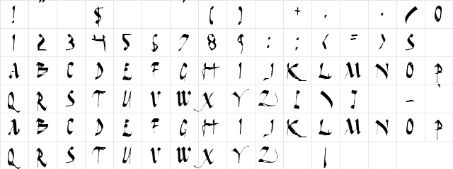 Caligraph Sweep Regular  glyph index