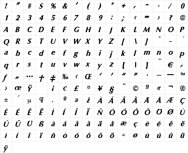 Columbia-BoldIta Regular  glyph index