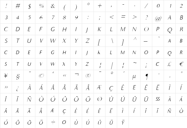 Ela Sans XLight Caps Italic  glyph index