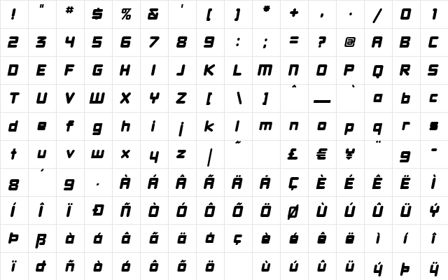 DBXLNightfever WideItalic  glyph index