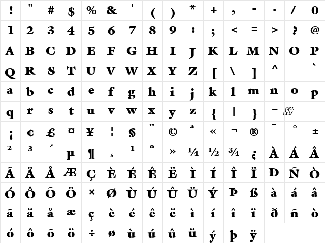 Acanthus Black SSi Extra Black  glyph index