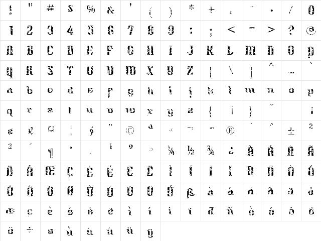 QuidicShotUp Regular  glyph index