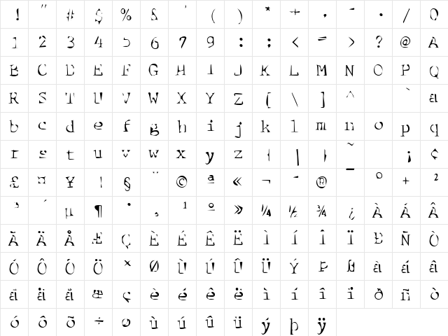 DTCDirtyM41 Regular  glyph index